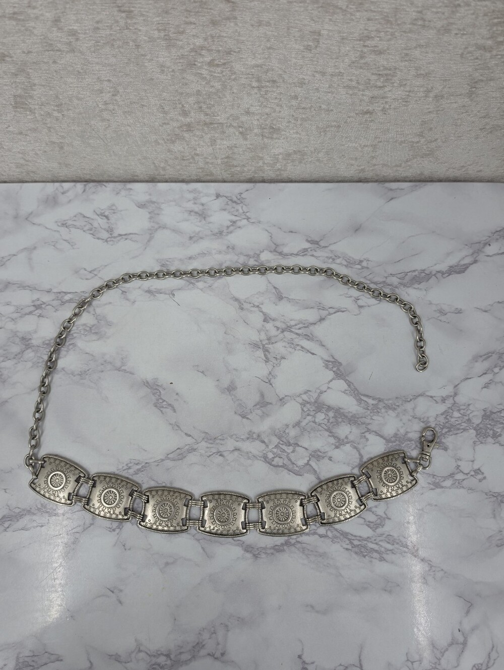 Vintage Rectangle Aztec Pattern Concho Chain Link Western Belt Silver Toned
